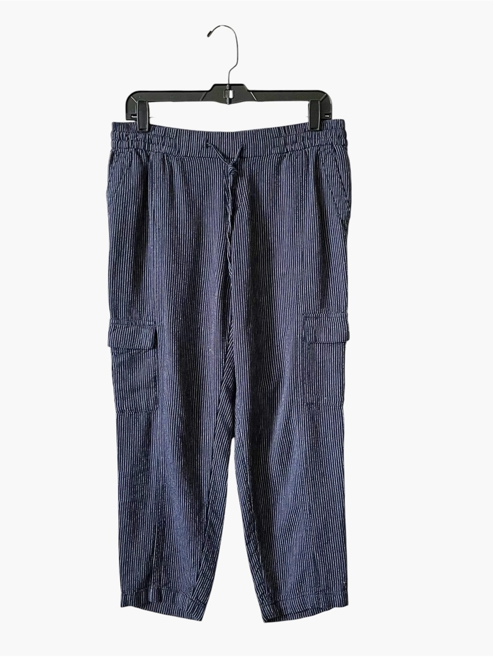 Old Navy Mid Rise Pinstriped Linen Cargo Pants Womens Size S Blue Elastic Waist